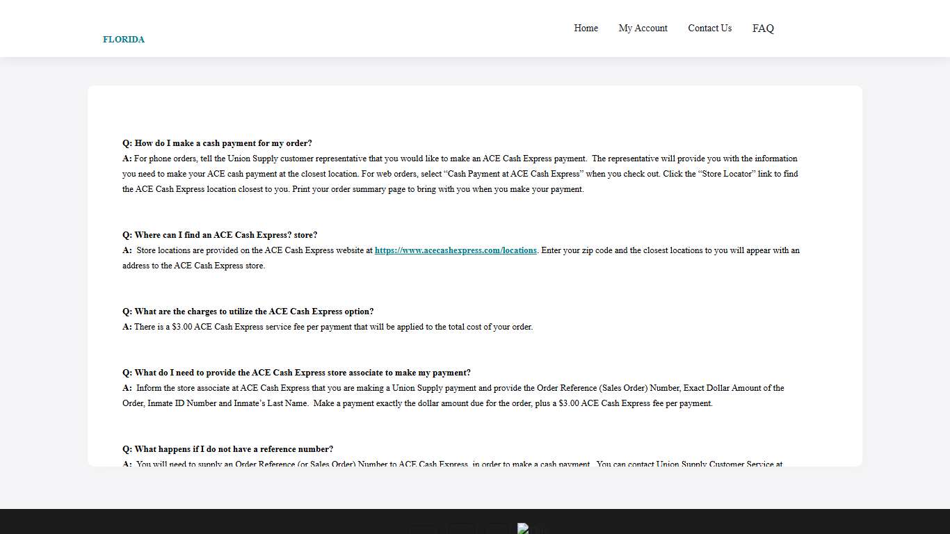 Union Supply Direct - Florida Inmate Package - ACE Cash FAQ