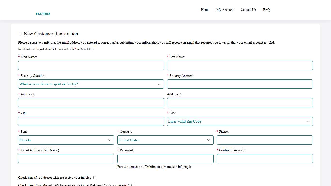 Union Supply Direct - Florida Inmate Package - New Customer Registration