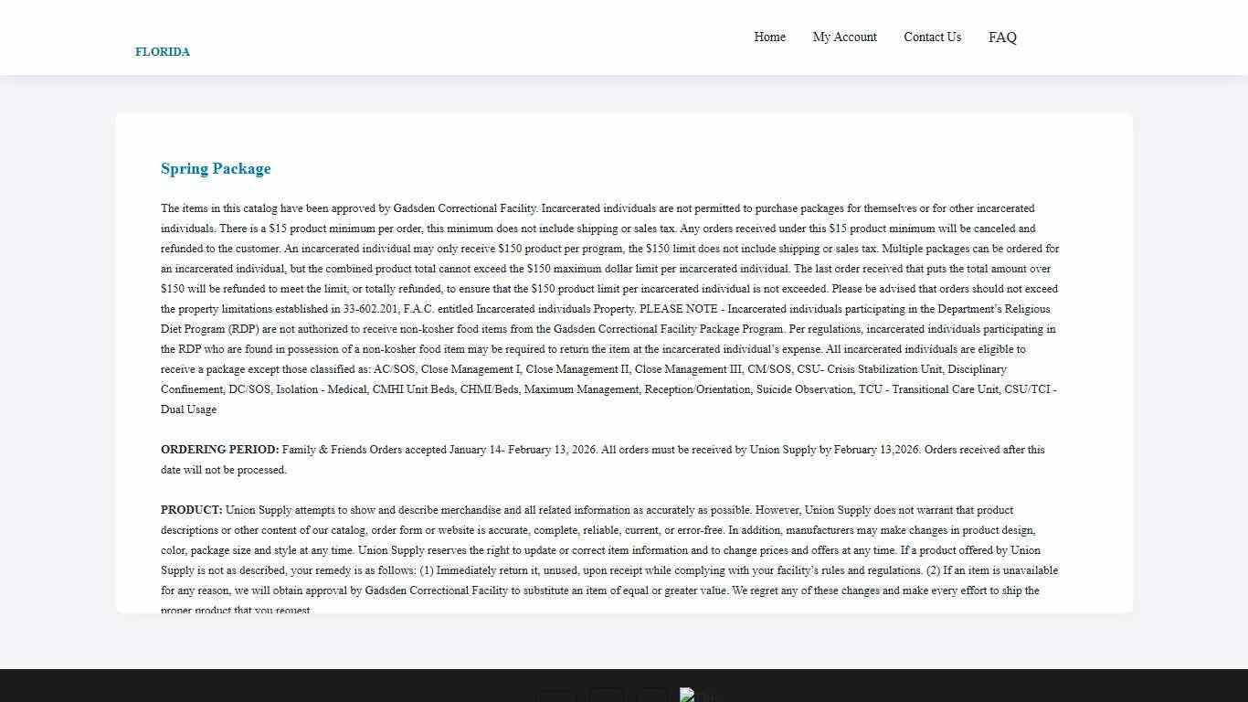 Union Supply Direct - Florida Inmate Package - Rules and Regulations