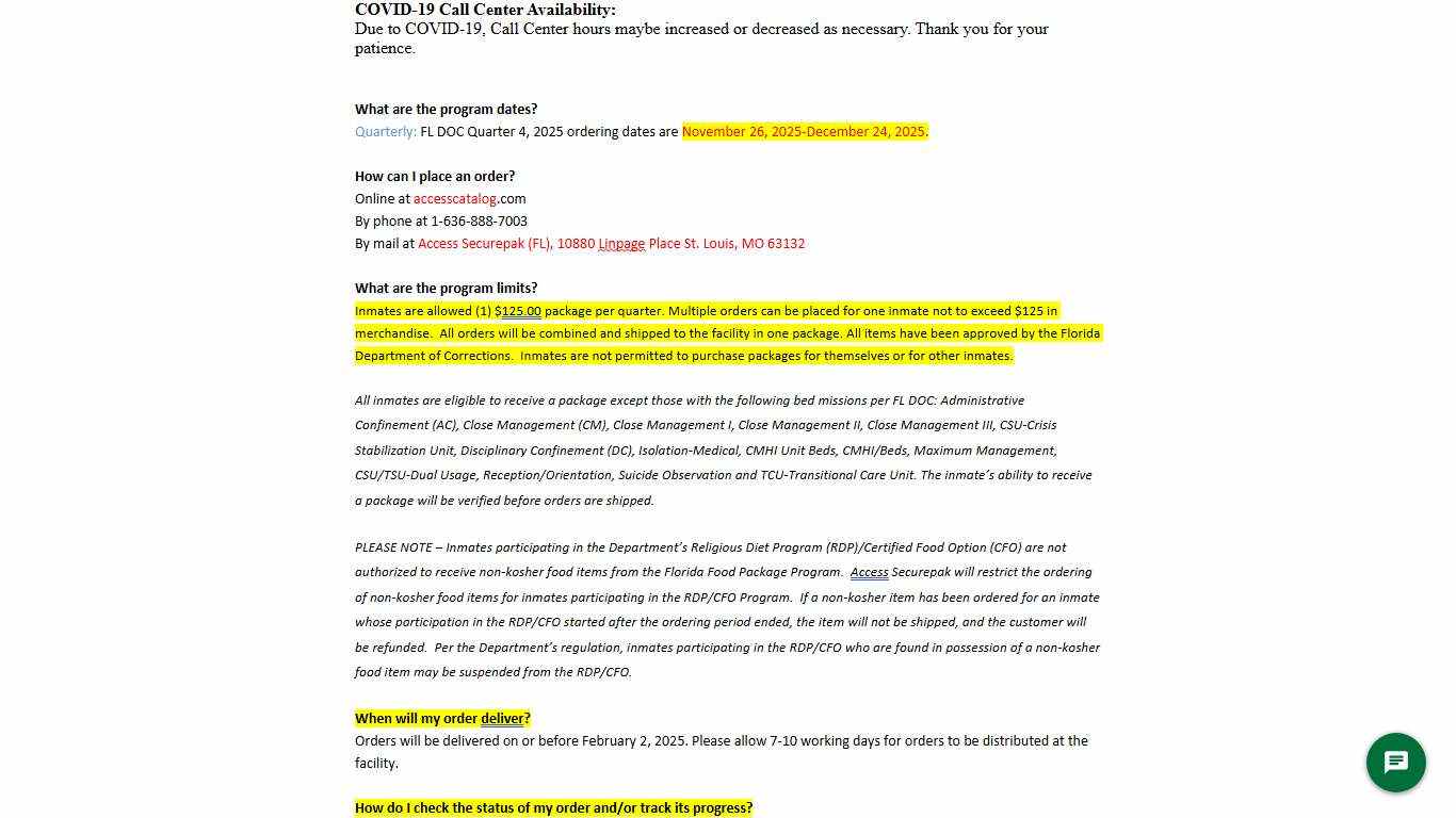 Access Securepak - Florida DOC Quarterly Package Program - FL - FAQ's